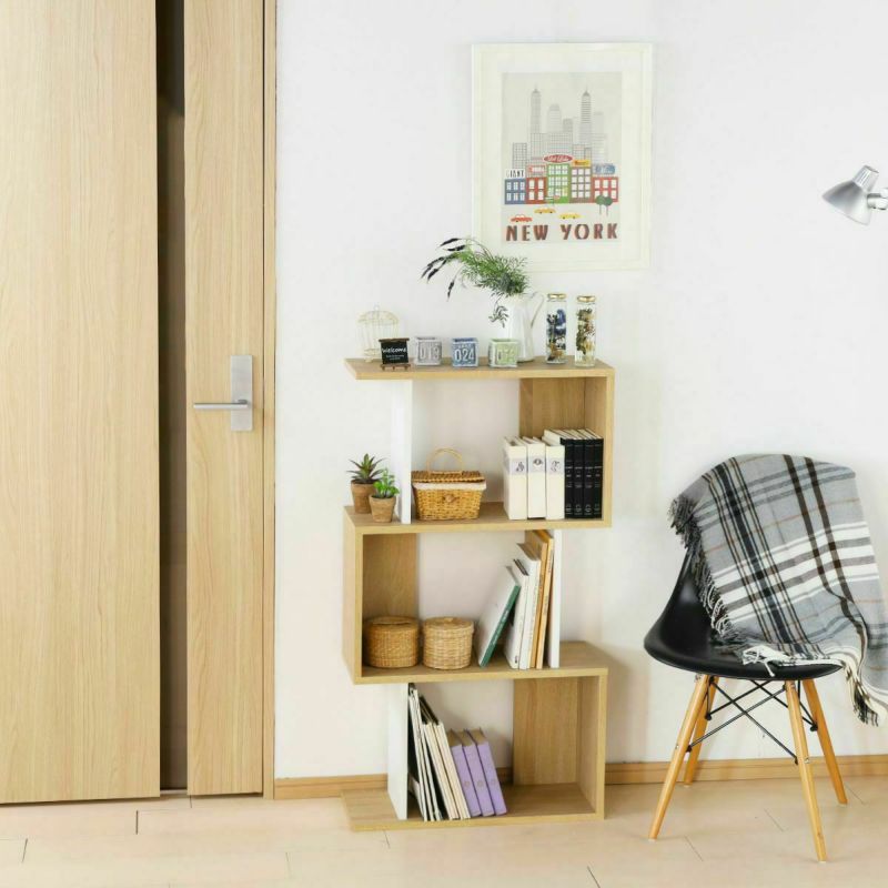 ディスプレイラック 棚 幅60cm 高さ108cm ナチュラルブラウン S字 飾り棚 パーテーション 背面化粧有 シェルフ