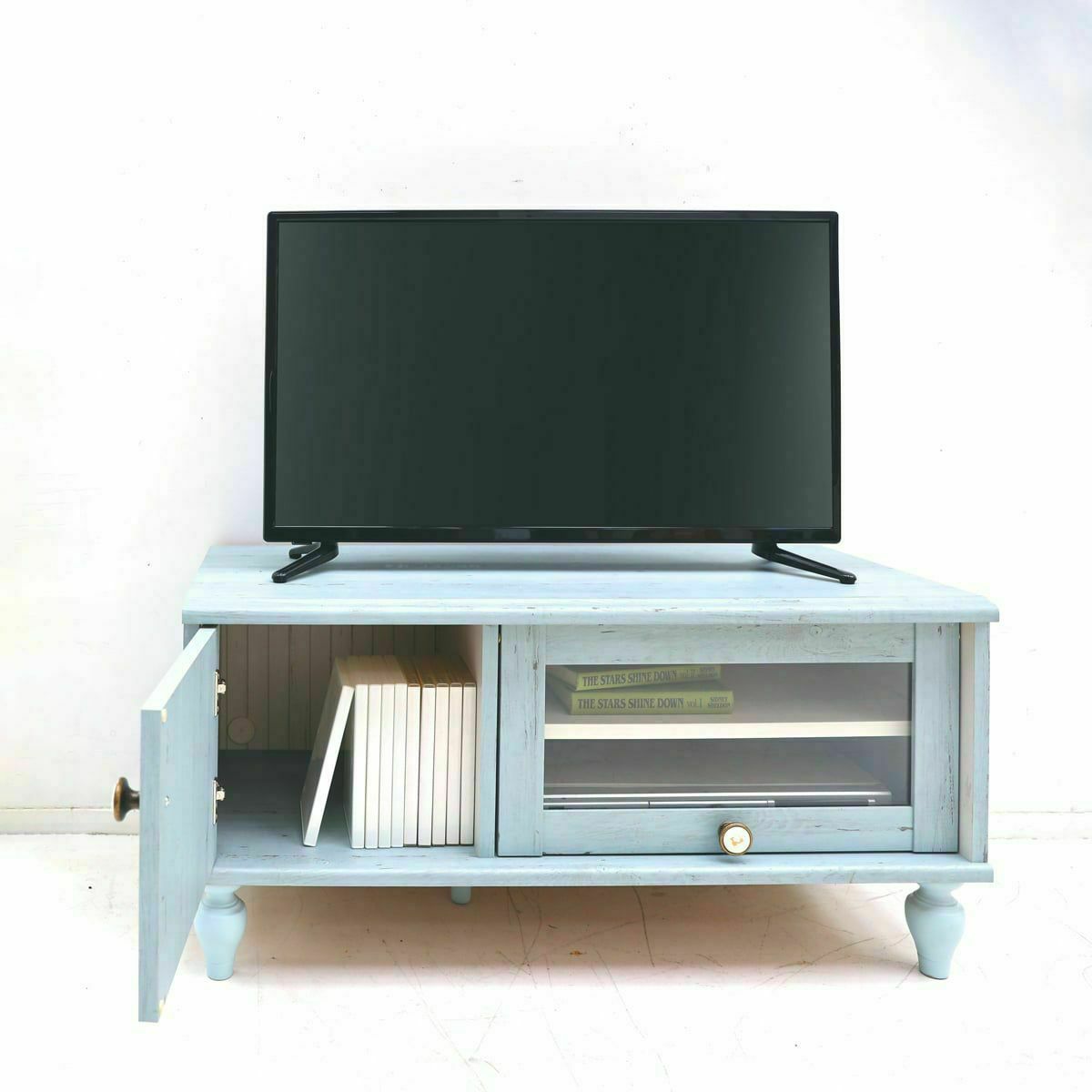 テレビ台 幅90cm 高さ44cm ブルー ホワイト 白木目 32V型対応 フラップ