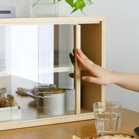 ガラス引戸食器棚 ナチュラル【組立品】 - キッチン収納