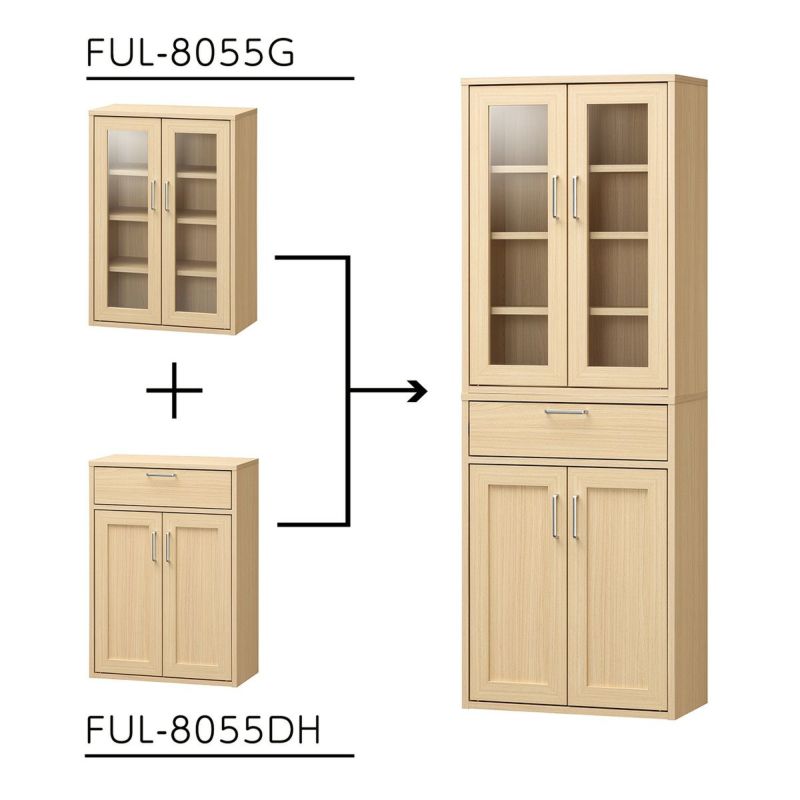 [キッチン用品をたっぷり収納したい方におすすめ]FUL-8055DHDKと連結すると高さ160cmの食器棚になります。食器やカトラリー、ストック品などをたくさん収納できます。
