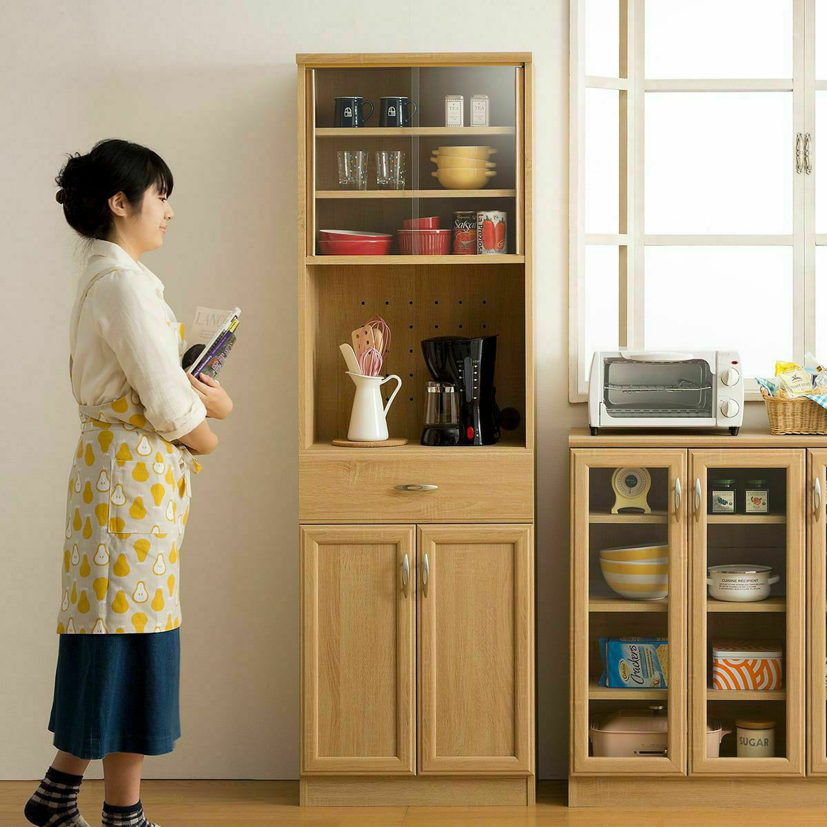 食器棚 幅57cm 高さ180cm ナチュラルブラウン キッチン収納 ホノボーラ 