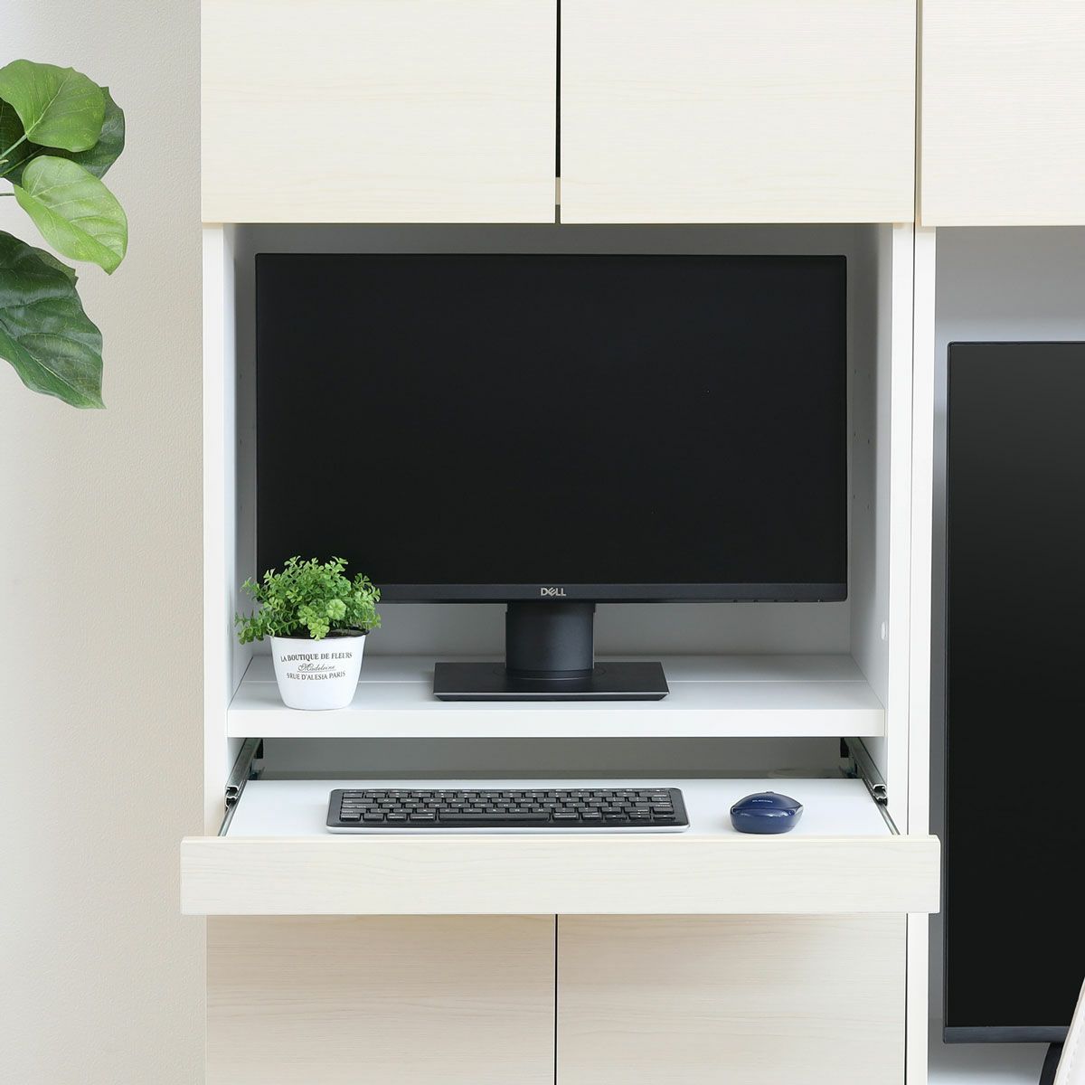 国産 壁面収納 デスク キャビネット 幅60cm 高さ180cm ホワイト 白木目