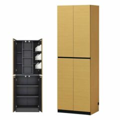 国産 壁面収納 キャビネット 幅60cm 高さ180cm ナチュラルブラウン スライド本棚 ボトルラック 巾木 配線穴 耐震ラッチ