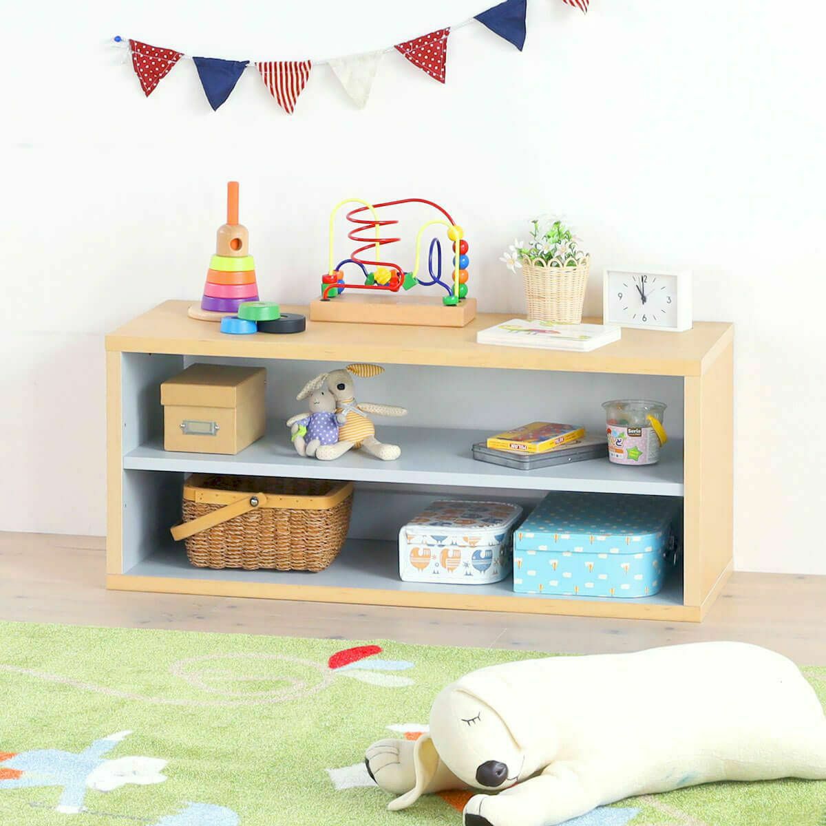 キッズ用ラック 収納棚 幅91cm 高さ38cm ナチュラルブラウン グレー 