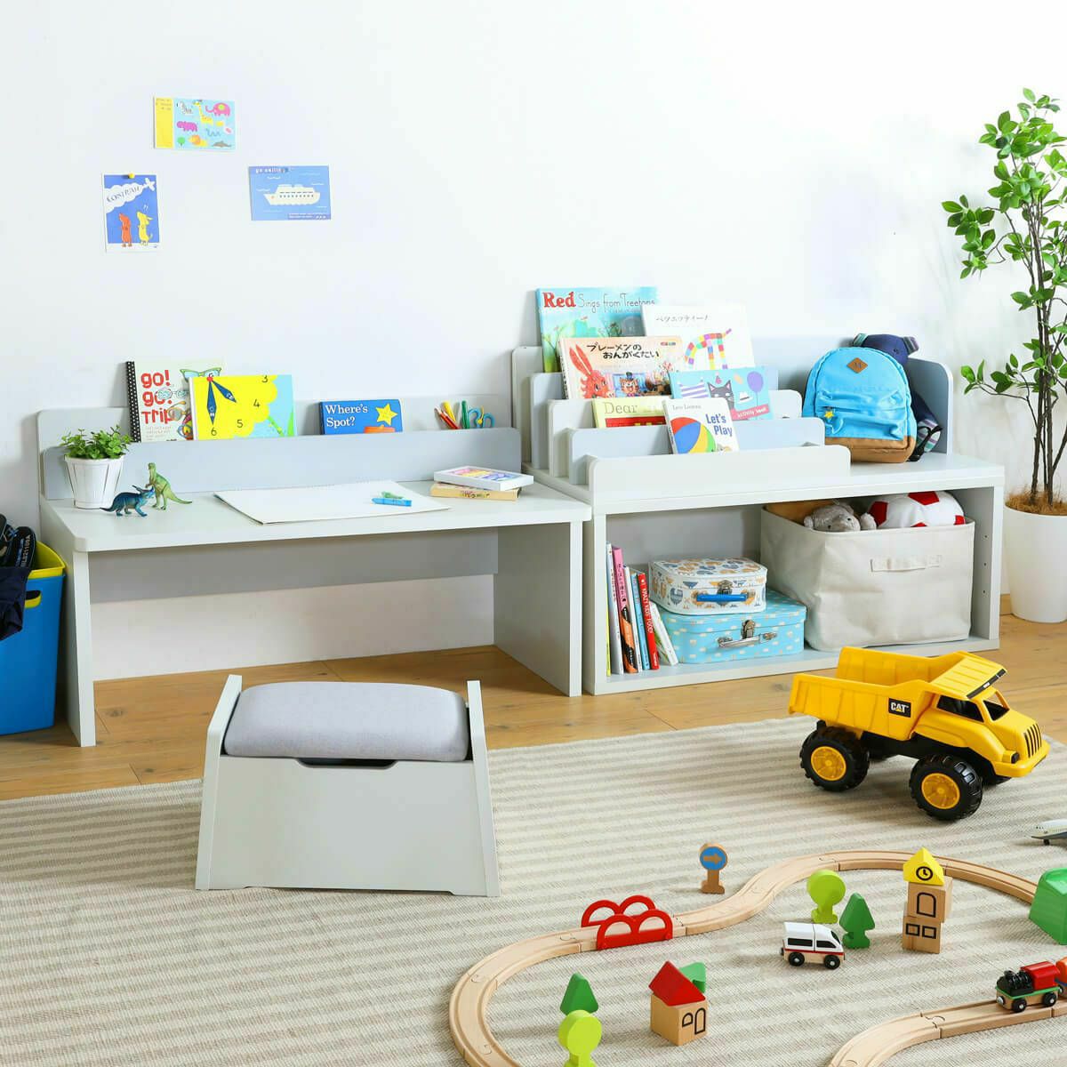 キッズ用デスク 机 絵本棚 幅91cm 高さ54cm アイボリー グレー 子供