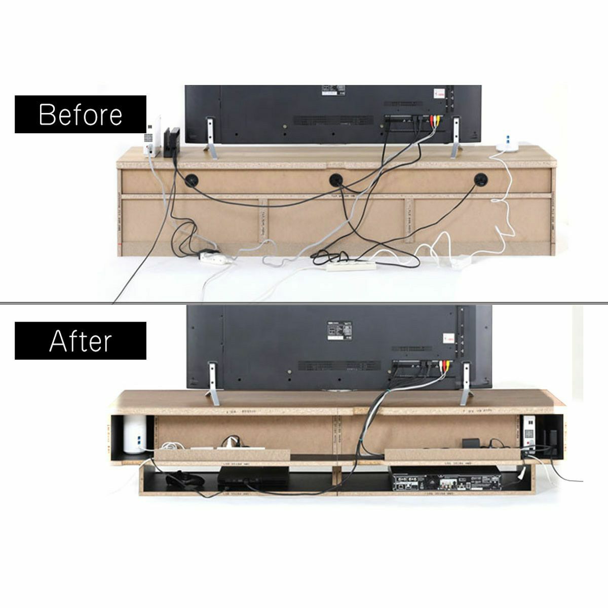 [配線イメージ]電源タップ収納や配線穴を活用してコードを収納する事で、テレビ台裏の配線がすっきりします。