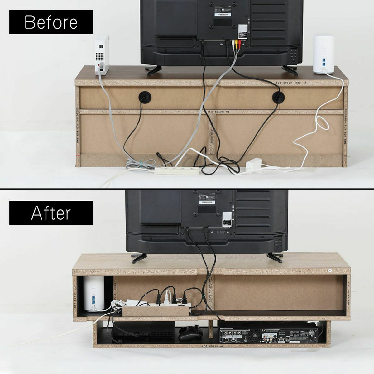 [配線イメージ]電源タップ収納や配線穴を活用してコードを収納する事で、テレビ台裏の配線がすっきりします。
