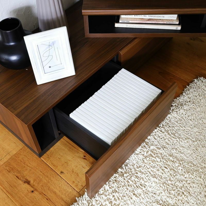 [引き出し収納]DVDやリビング小物の収納に使える引き出し収納。DVDはタイトル面を上にして左右それぞれに約24枚、計約48枚収納できます。