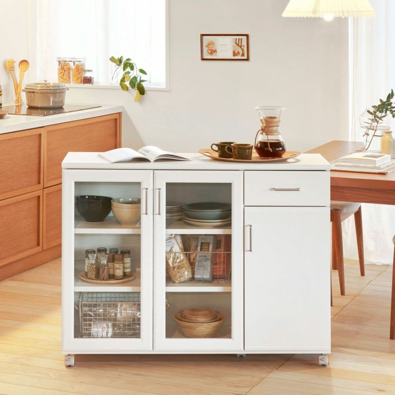 [“すっきり” 毎日を晴れやかに]白とシルバーが清潔感のあるカウンターワゴン。プラスの作業台&収納でキッチンを快適にします。