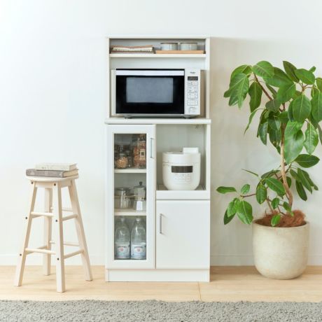 レンジ台 食器棚 幅59cm 高さ138cm ホワイト 白 スライド棚 コンセント付 キッチン 家電 収納 シンプル キッチン収納 ベアルモ BRM-1460SLWH