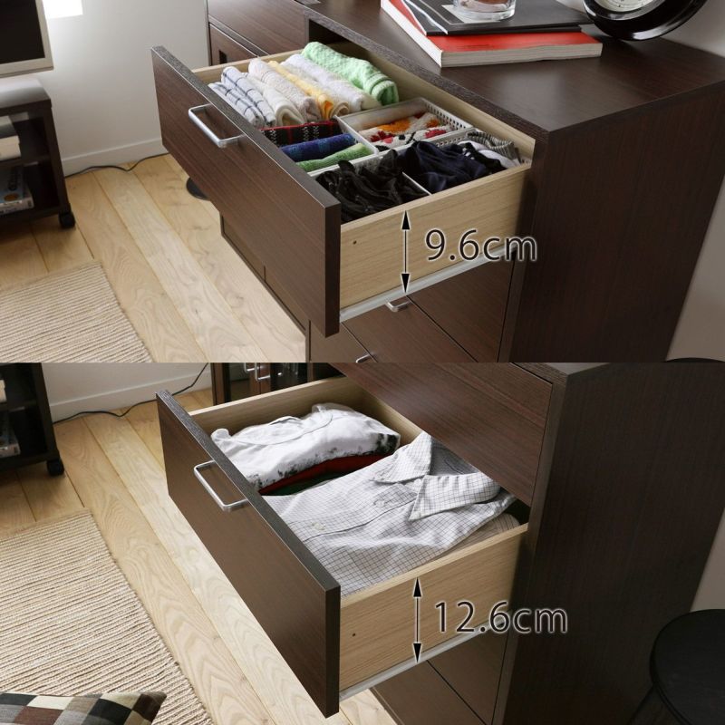 [深さが異なる2サイズの引出]上から1段目は深さ9.6cm、2段目から4段目は深さ12.6cmの2サイズの引出。収納物に合わせてスペースの無駄なく収納できます。