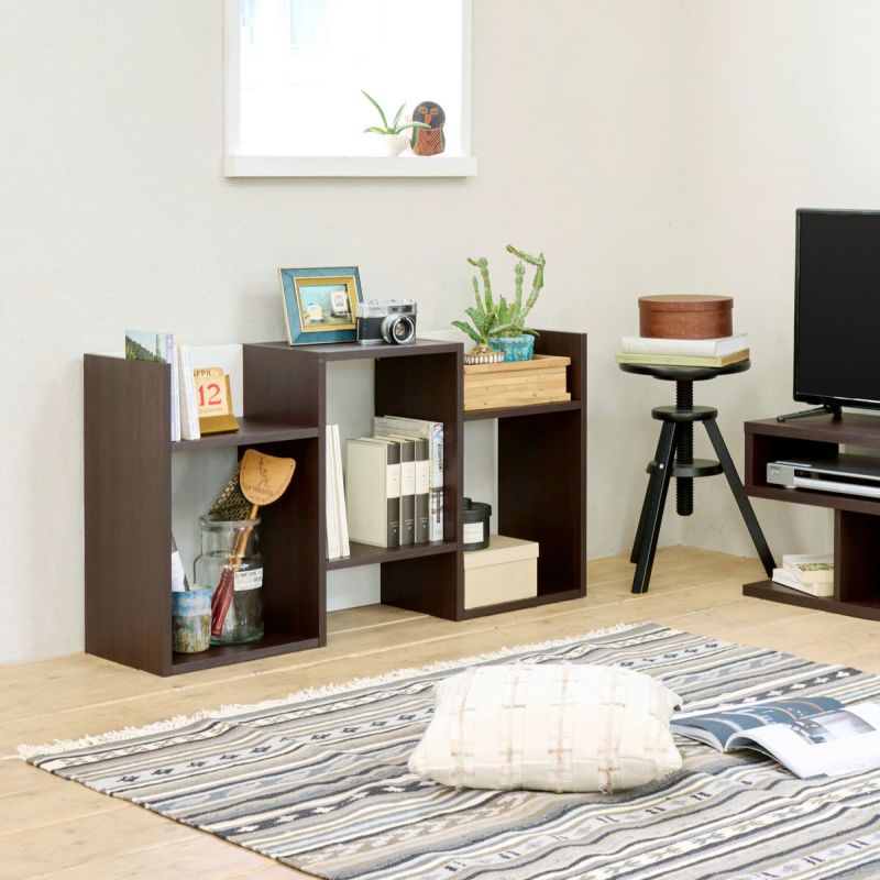 [横置きもできます]横置きでロースタイルにも対応。棚の高さの違いを活かしておしゃれに飾ることができます。※画像はDK色