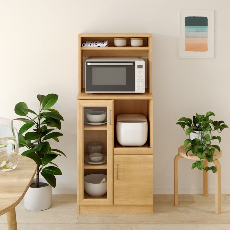 [一人暮らしにぴったりのオールインワンレンジ台]キッチン家電や食器類を一か所に収納できる、一人暮らしにぴったりのコンパクトなオールインワンのレンジ台です。