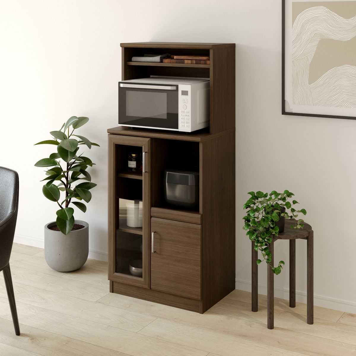 レンジ台 食器棚 幅59cm 高さ138cm ダークブラウン スライド棚