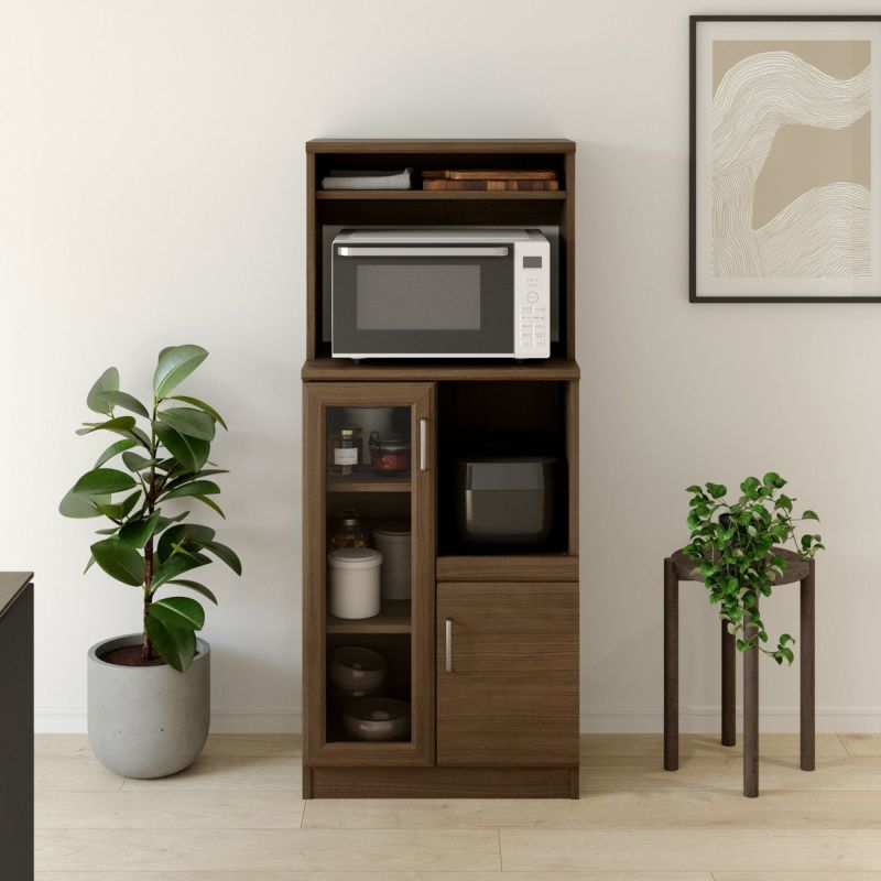 [一人暮らしにぴったりのオールインワンレンジ台]キッチン家電や食器類を一か所に収納できる、一人暮らしにぴったりのコンパクトなオールインワンのレンジ台です。